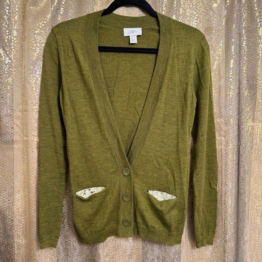 Ann Taylor LOFT Olive Green Sequin Pocket Merino Wool Cardigan Sweater XS